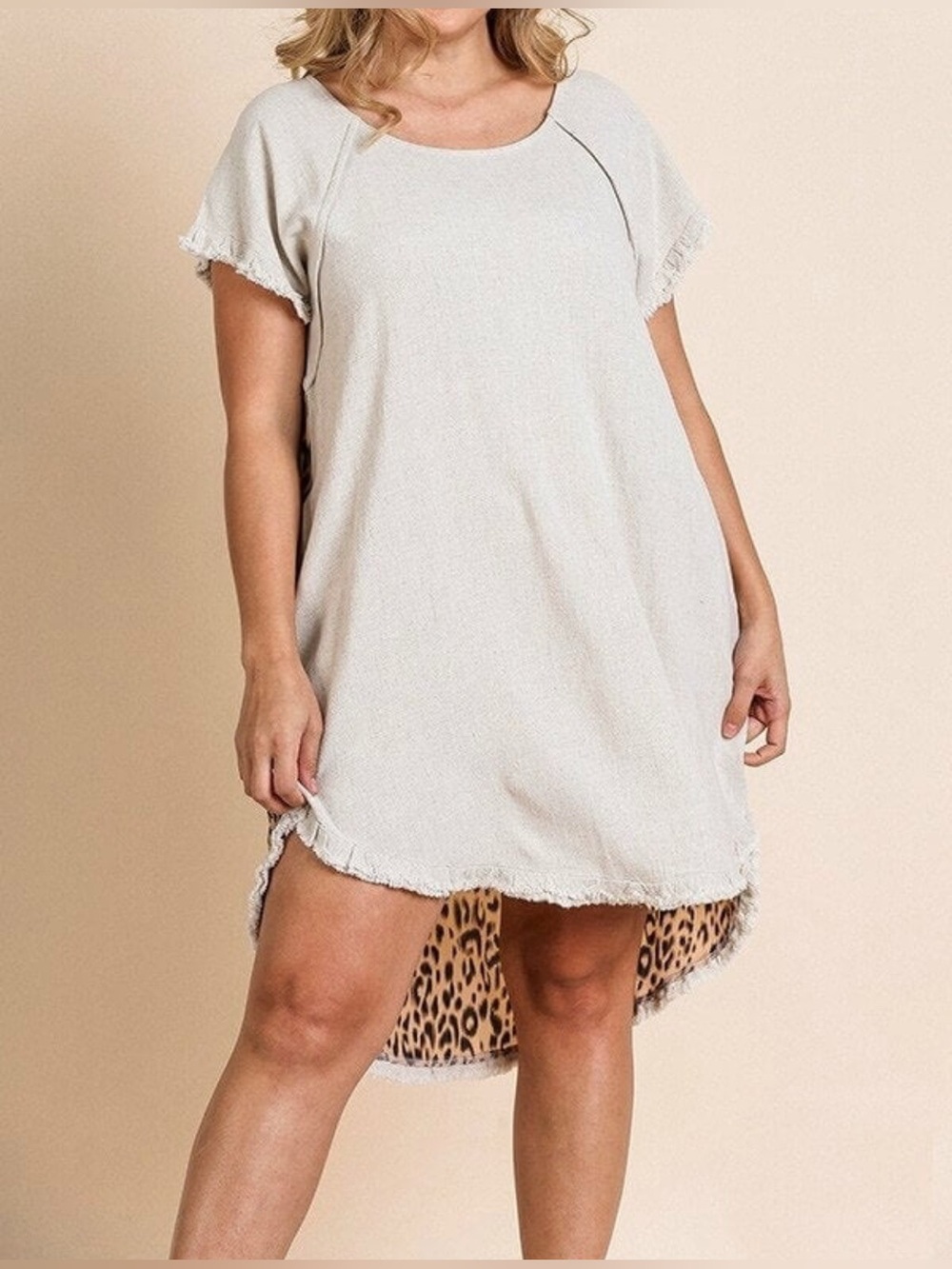 Umgee Oatmeal linen blend dress with animal print back-Sz 1XL